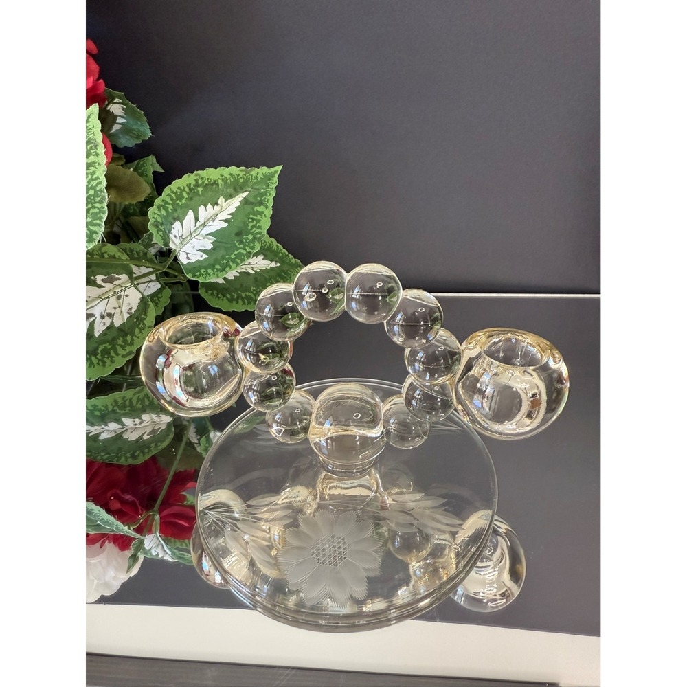 Vintage Clear Etched Glass Candleholder –‎ Bubble Handle Double Taper Holder